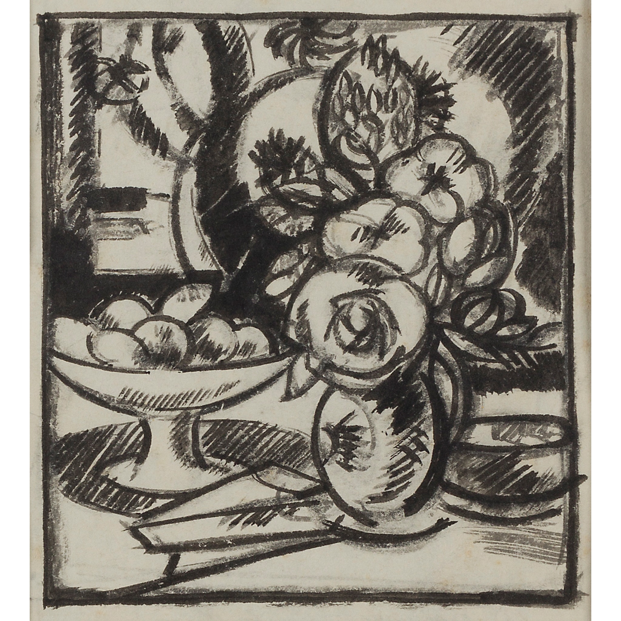 LOT 19 | § JOHN DUNCAN FERGUSSON R.B.A. (SCOTTISH 1874-1961) | FLOWERS AND FRUIT 1911 Signed verso, inscribed and dated on label verso, pen and ink and wash | 12cm x 11cm (4.75in x 4.25in) | Exhibited: Alexander Meddowes J.D.Fergusson Drawings, 2014/2015 | £2,000 - £3,000 + fees